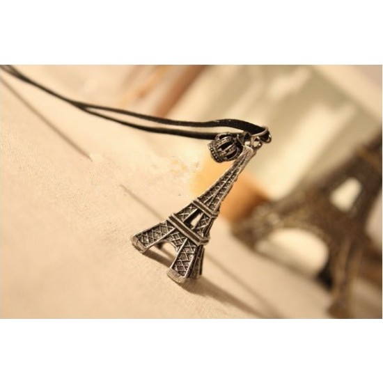Vintage Retro Crown Paris Eiffel Tower Pendant Silver Plated with PU Necklace 