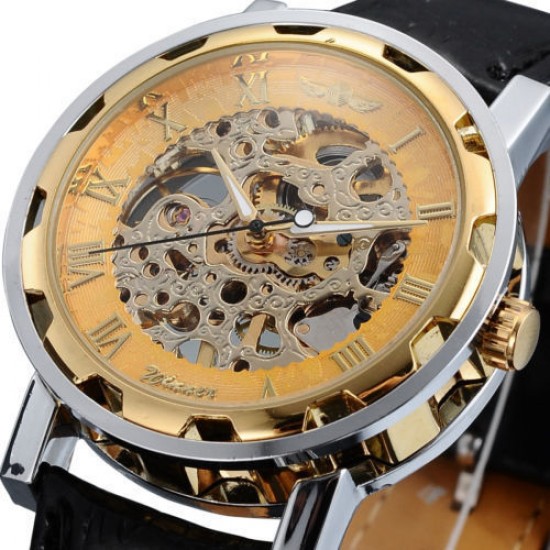 New Mechanical Skeleton Dial Party Wear Watch For Men with Black Leather Belt