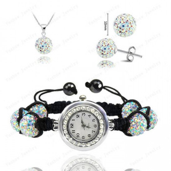 Disco Ball Crystal Shamballa Jewelry Set Pendant+Bracelet Watch+Earring (White )