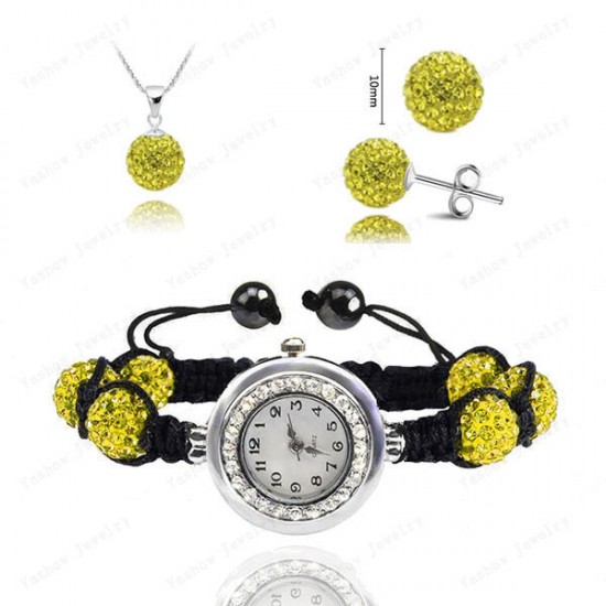 Disco Ball Crystal Shamballa Jewelry Set Pendant+Bracelet Watch+Earring (Yellow)