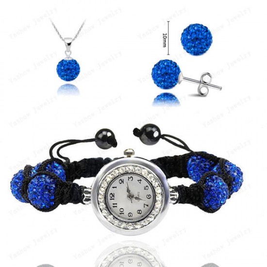 Disco Ball Crystal  Jewelry Set Pendant+Bracelet Watch+Earring (Blue)