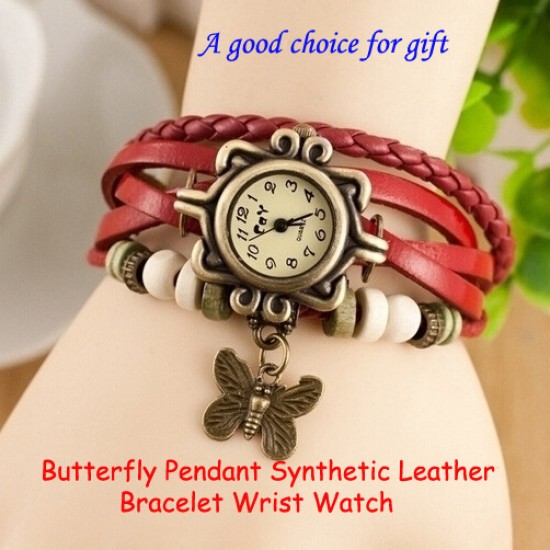 Vintage Butterfly Pendant Synthetic Leather Bracelet Women Wrist Watch